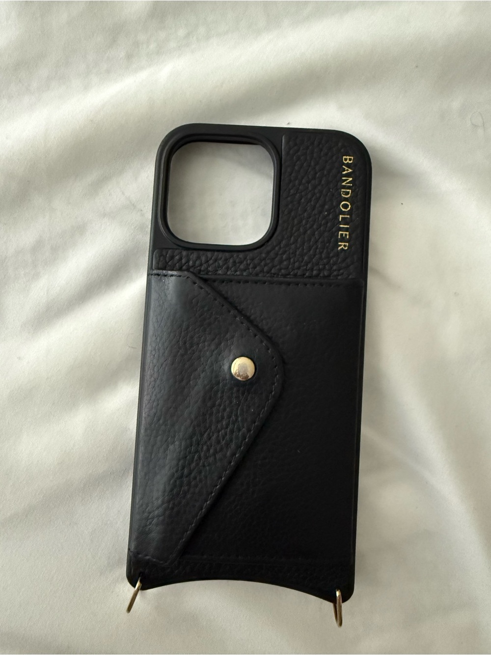Bandolier Black Leather Crossbody Phone Case with Card Pocket & Gold Hardware
